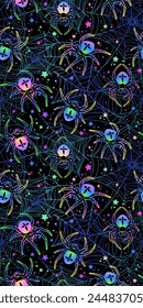 Seamless pattern of multi-colored spiders crawling on the web