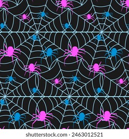 Seamless pattern of multi-colored spiders crawling on the web