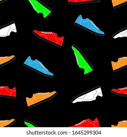Patrón impecable con zapatos deportivos multicolores sobre fondo negro. Patrón deportivo para textiles, ropa, papel de envoltura y más.
