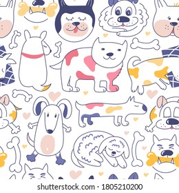 Seamless pattern with multicolored spotted dogs outline. Line art dogs collection on white. Cute animals. Kids style doggy characters faces. Doodle lovely pets backdrop. Childish apparel design
