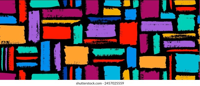Seamless pattern with multicolored squares and rectangles. Geometric mosaic background. Vector textured hand drawn pattern.Brush stroke, lines, stripes, rectangles backround.