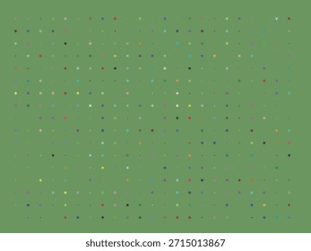 Nahtloses Muster aus mehrfarbigen Sternen und Punkten, die zufällig auf einer stumpfen grünen Hintergrundtextur verstreut sind.