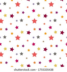 Patrón sin foco con estrellas multicolores sobre fondo blanco para tela, textil, ropa, mantel y otras cosas. Imagen vectorial. 
