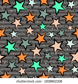 Seamless pattern with multicolored stars on a striped gray background. Casually hand drawn stars for kids design. Vector illustration. Cute magical background.