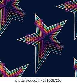 
A seamless pattern with multicolored striped stars on a dark blue background. Abstract vector illustration for your holiday and celebration-themed designs.