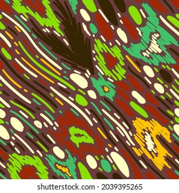 Seamless pattern with multicolored stripes and spots on a burgundy background in vector