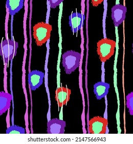 Seamless pattern with multicolored stripes and spots on a black background