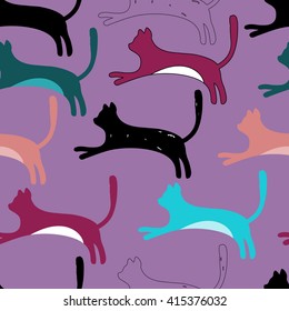 Seamless pattern with multicolored stylized running cats.