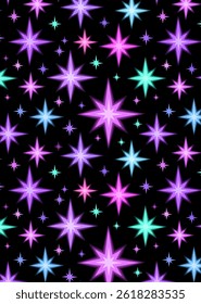 Seamless pattern with multicolored stylized stars on a black background