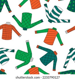 Seamless pattern of multi-colored sweaters with a high throat. Warm clothes with different patterns on a white background. Vector illustration