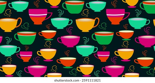 Seamless pattern with multicolored tea and coffee cups on a dark green emerald background, perfect for fabric, wallpaper, packaging, kitchen decor and digital web design