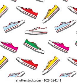Seamless pattern with multi-colored textile sneakers and white laces on a white background