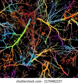 Seamless pattern multicolored tree branches on a black background. Vector illustration