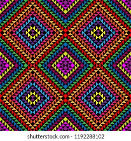 Seamless pattern from multicolored triangles on a dark background. Vector illustration. Suitable for fabric, wallpaper and wrapping paper