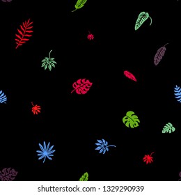 Seamless pattern. Multi-colored tropical leaves. Monstera, palm leaves and others. Silhouette of leaves isolated on black background. Hand drawn illustration.