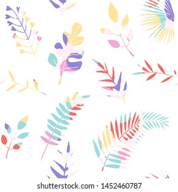 Seamless pattern with multicolored tropical leaves and branches on white background. For wallpapers, decoration, invitation, fabric, textile and print, web page background, gift and wrapping paper.