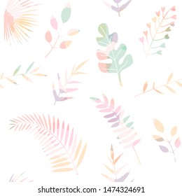  Seamless pattern with multicolored tropical leaves and branches on white background. For wallpapers, decoration, invitation, fabric, textile and print, web page background, gift and wrapping paper.