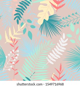 Seamless pattern with multicolored tropical leaves on beige background. For wallpapers, decoration, invitation, fabric, textile and print, web page background, gift and wrapping paper. 