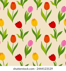 Seamless pattern with multi-colored tulip flowers. Vector graphics.