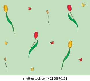 seamless pattern of multicolored tulips and butterflies on a green background