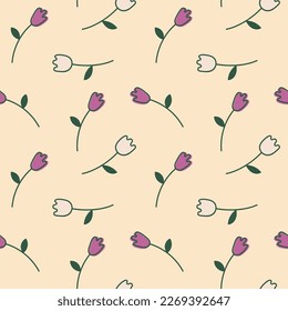 Seamless pattern of multicolored tulips. Flowers on a light background. Vector illustration in doodle style.