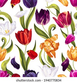 Patrón sin foco con tulipanes multicolores, hojas, pétalos sobre fondo blanco. Dibujado a mano, alto realista, vectorial, flores primavera para tela, impresiones, decoraciones, tarjetas de invitación, banners publicitarios