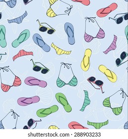 Seamless pattern of multicolored turquoise  green blue pink purple yellow cute Sandals, bikini, sunglasses  for brochure, paper, wallpaper, fabric, wrap, banner, background Vector illustration eps 10