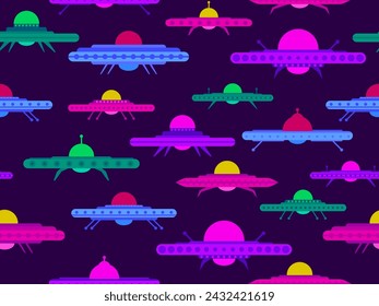 Seamless pattern with multi-colored UFO. Background with alien spaceships and space flying saucers. Alien spaceships. Design for print, banners and advertising. Vector illustration