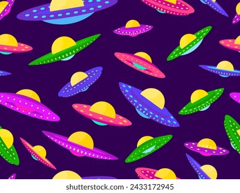 Seamless pattern with multi-colored UFO space saucers. Background with alien spaceships and space flying saucers. Alien spaceships. Design for print, banners and advertising. Vector illustration