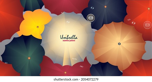 Seamless pattern with multicolored umbrellas and raindrops