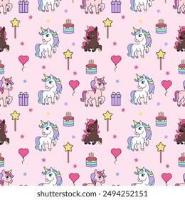 Seamless pattern of multicolored unicorns. Hand-drawn festive background for birthday decoration. Can be used for greeting cards, printing, textiles, wallpaper, packaging