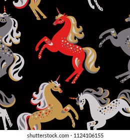 Seamless pattern. Multicolored unicorns on a black background. Horses galloping. Cute vintage ornament.