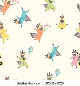 Seamless pattern with multicolored unicorns, pajama party, pastel colors.