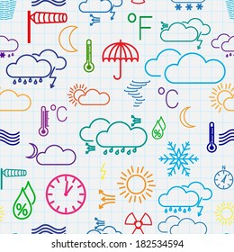 Seamless pattern of multicolored weather symbols on checkered background