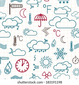 Seamless pattern of multicolored weather symbols on white checkered background