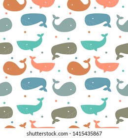 Seamless pattern with multicolored whales and dots.. Bright cartoon print. Art can be used for International Day of the Whales. 