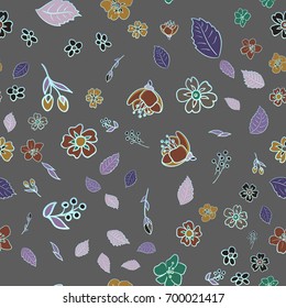 seamless pattern with multicolored wildflowers with leaves on a dark gray background