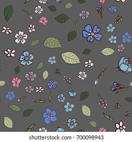 seamless pattern with multicolored wildflowers with leaves on a dark gray background