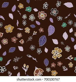 seamless pattern with multicolored wildflowers with leaves on a dark brown background