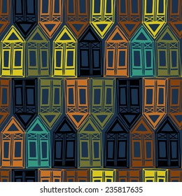 Seamless pattern with multicolored windows and houses. Hand drawn.