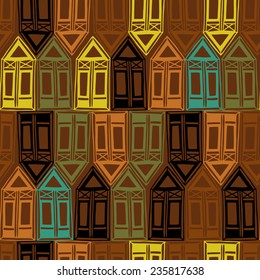 Seamless pattern with multicolored windows and houses. Hand drawn.