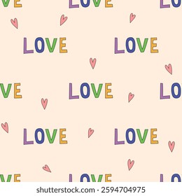 seamless pattern with multicolored word love and small hearts on light background