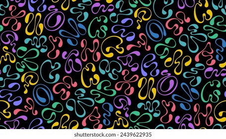 Seamless pattern with multicolored Y2K fluid letters, swirling shapes, and droplet ends on a dark background, perfect for retro-modern design