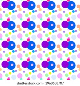 Seamless pattern with multi-colored yellow, orange, green, pink, purple, blue bright circles on a white background. Use for fabric, textile, napkins, packaging, web design, children's things.
