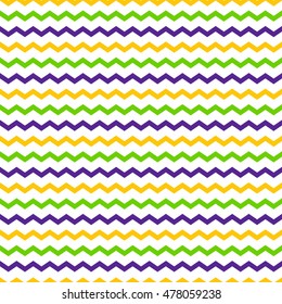 Seamless pattern of multicolored zigzag lines on a white background. Mardi Gras background for invitation.