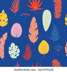 Seamless pattern with multicolour leaves on vibrant purple background. Bright backdrop with floral flat style elements. Autumn leaf texture for wallpaper, cover, wrapping paper, print, fabric. Vector