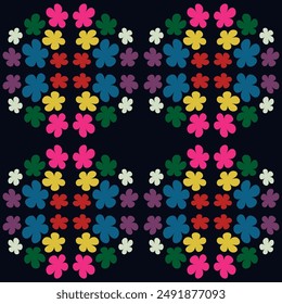 Seamless pattern with multicoloured flowers. 60's style. Design for packaging, background, wallpaper, t-shirt