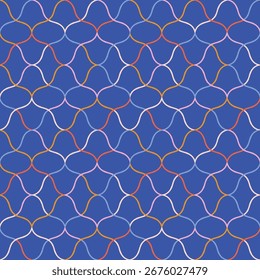 Seamless Pattern with Multicoloured Geometric Grid. Playful Curvy Colorful Lines Background. Multicolor Wavy Lattice Abstract Design