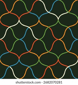 Padrão contínuo com grade geométrica multicolorida. Fundo de linhas coloridas de curvas brincalhão. Design abstrato de rede ondulada multicolor