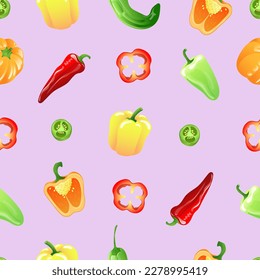 Seamless pattern with multicoloured peppers of different types in bright cheerful colours